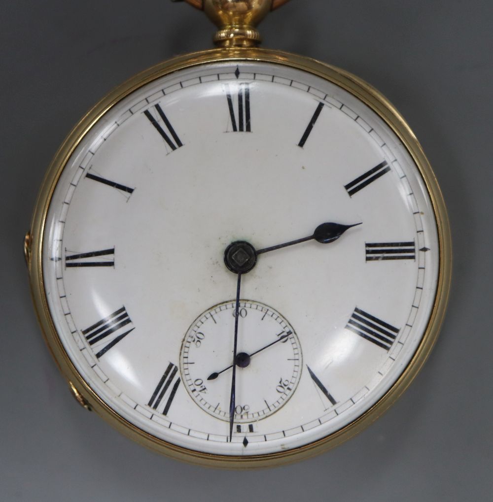 A late Victorian 18ct gold open face keywind lever pocket watch by John Spicer, London, numbered 8881, with key.